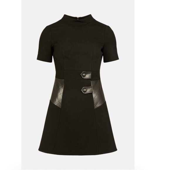 Structured Crepe Pu Contrast A Line Dress - Picture 5 of 6
